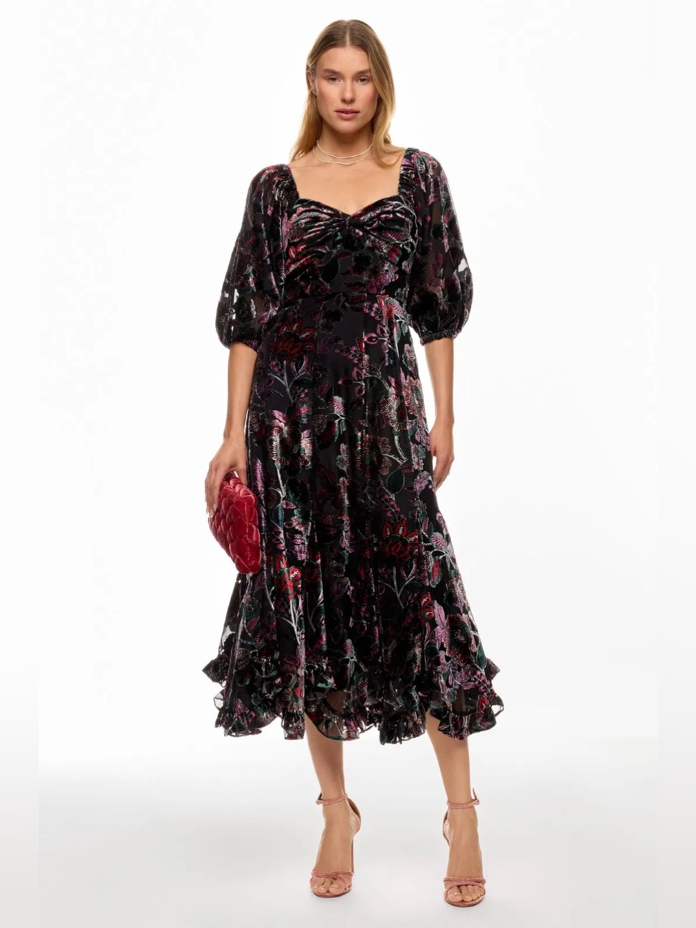 Hutch Anthropologie L Velvet Purple Red Floral Puff-Sleeve Midi Smocked Dress